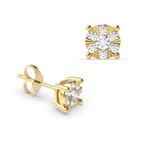 4 Prong Round Yellow Gold Sunburst Stellated Diamond Earrings