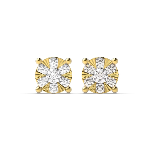 4 Prong Round Yellow Gold Sunburst Stellated Diamond Earrings