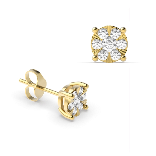 4 Prong Round Yellow Gold 0.65ct Sunburst Stellated Diamond Earrings
