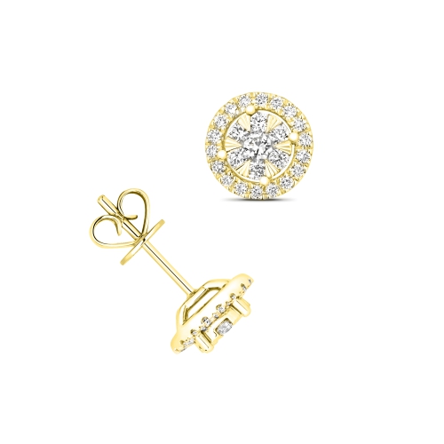4 Prong Yellow Gold Round shaped cluster Diamond Earrings
