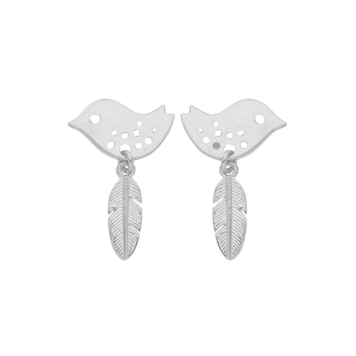 White Gold Peace bird feather Diamond Earrings