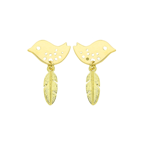 Yellow Gold Peace bird feather Diamond Earrings