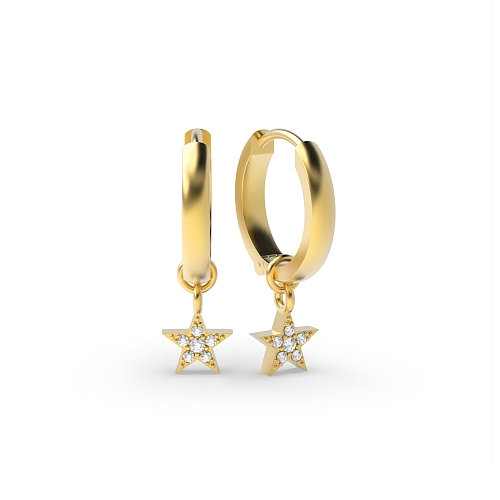 3 Prong Round Yellow Gold Star shaped cluster Hoop Diamond Earrings