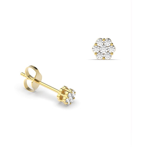 Pave Setting Round Yellow Gold Petit cluster Diamond Earrings