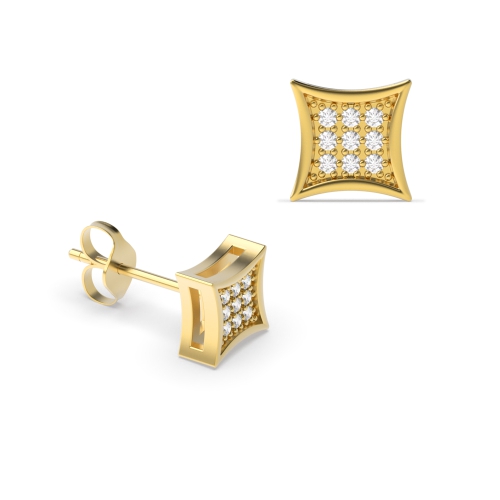 Pave Setting Round Yellow Gold Pinched square Diamond Earrings