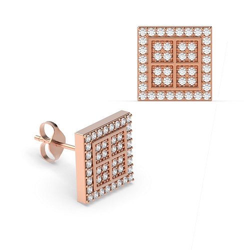 Pave Setting Round Rose Gold Four square Diamond Earrings