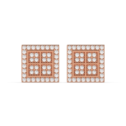 Pave Setting Round Rose Gold Four square Diamond Earrings