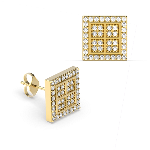 Pave Setting Round Yellow Gold Four square Diamond Earrings