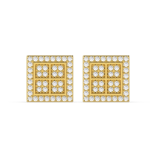 Pave Setting Round Yellow Gold Four square Diamond Earrings