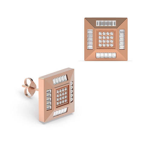 Pave Setting Round Rose Gold Square shaped Diamond Earrings