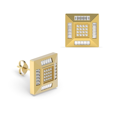 Pave Setting Round Yellow Gold Square shaped Diamond Earrings