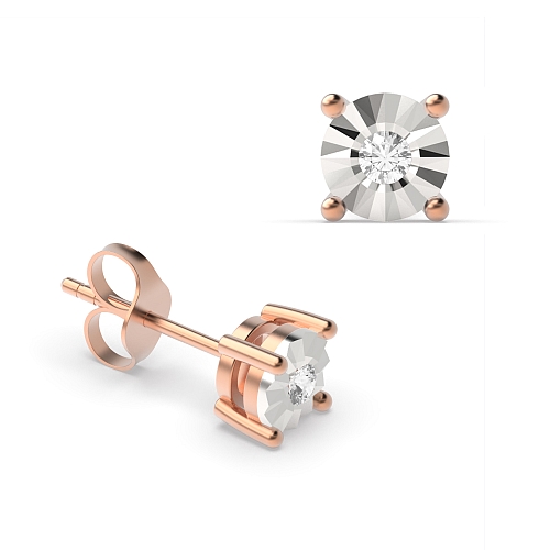 4 Prong Round Rose Gold Illusion Set Stud Diamond Earrings