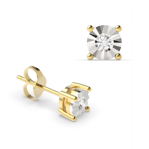 4 Prong Round Yellow Gold Illusion Set Stud Diamond Earrings