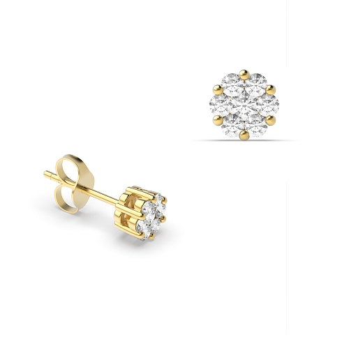 4 Prong Round Yellow Gold cluster Stud Diamond Earrings
