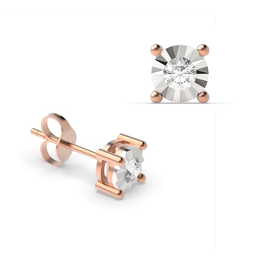 4 Prong Round Rose Gold Illusion plat Stud Diamond Earrings