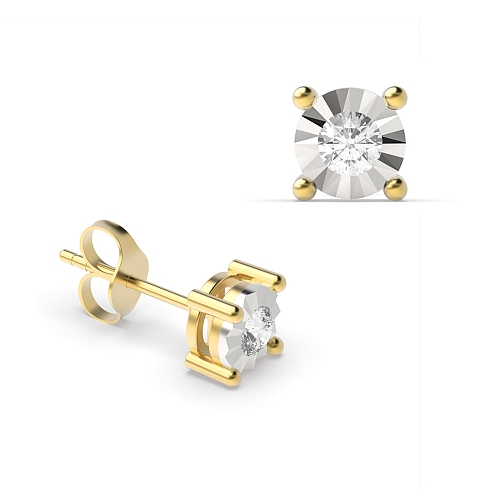 4 Prong Round Yellow Gold Illusion plat Stud Diamond Earrings