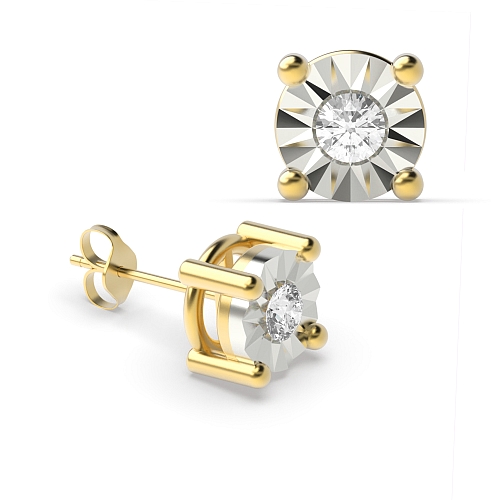4 Prong Round Yellow Gold Optic aura Diamond Earrings