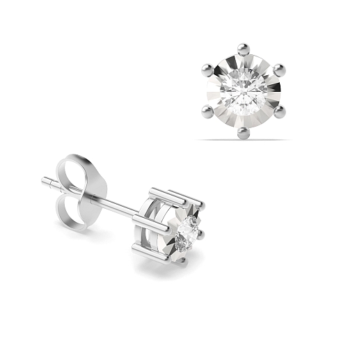 6 Prong Round White Gold Celestial craft Stud Diamond Earrings