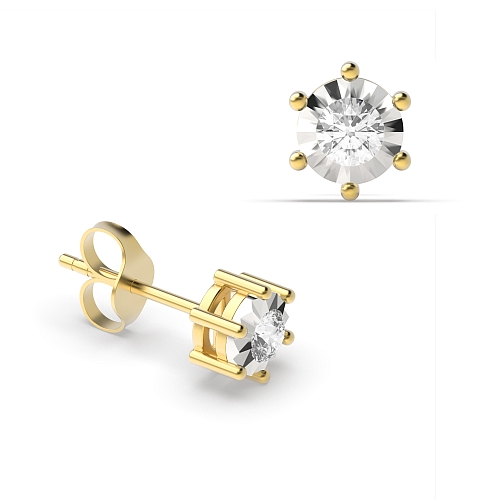 6 Prong Round Yellow Gold Celestial craft Stud Diamond Earrings