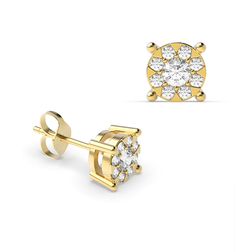4 Prong Round Yellow Gold Illusion big Diamond Earrings