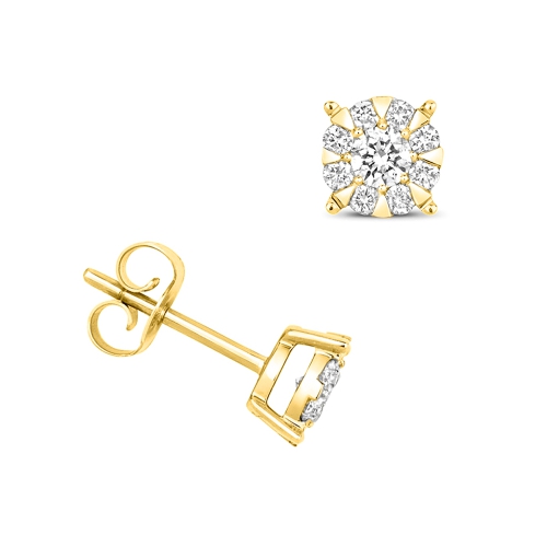 4 Prong Round Yellow Gold Illusion petit Diamond Earrings