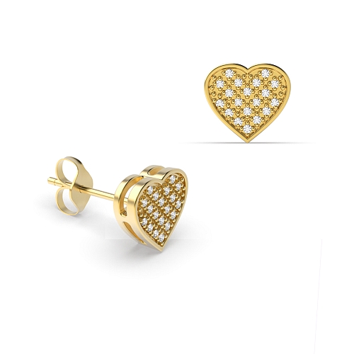 Pave Setting Round Yellow Gold Heart shaped Diamond Earrings