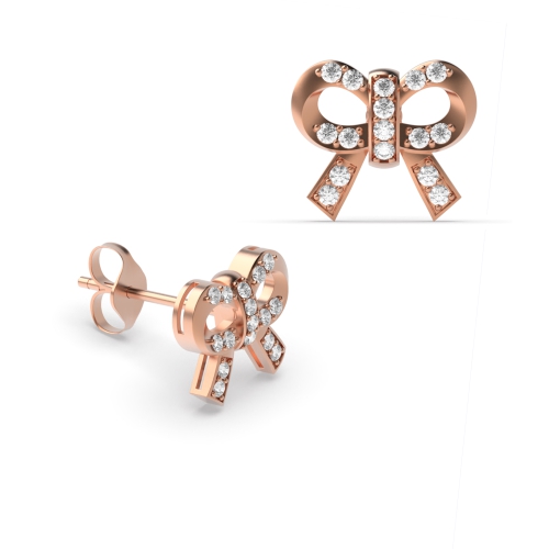 Pave Setting Round Rose Gold Bow Stud Diamond Earrings