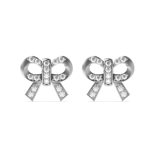 Pave Setting Round Silver Bow Stud Diamond Earrings