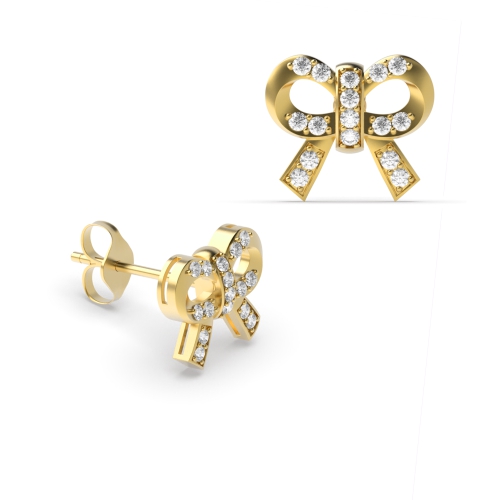 Pave Setting Round Yellow Gold Bow Stud Diamond Earrings