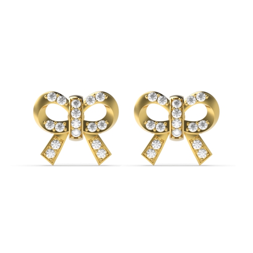 Pave Setting Round Yellow Gold Bow Stud Diamond Earrings