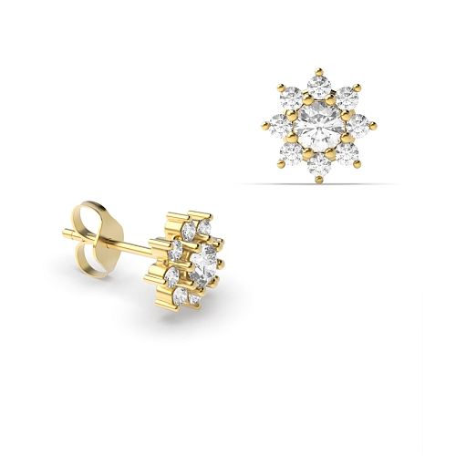 6 Prong Round Yellow Gold Star style Diamond Earrings