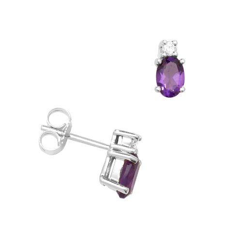 prong setting oval shape amethyst gemstone and side stone earring