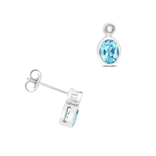 bezel setting oval shape blue topaz gemstone and side stone earring