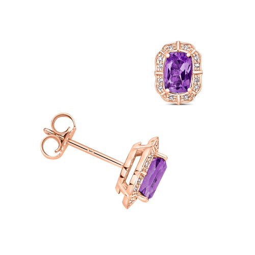 4 Prong Cushion Rose Gold Halo Diamond Earrings