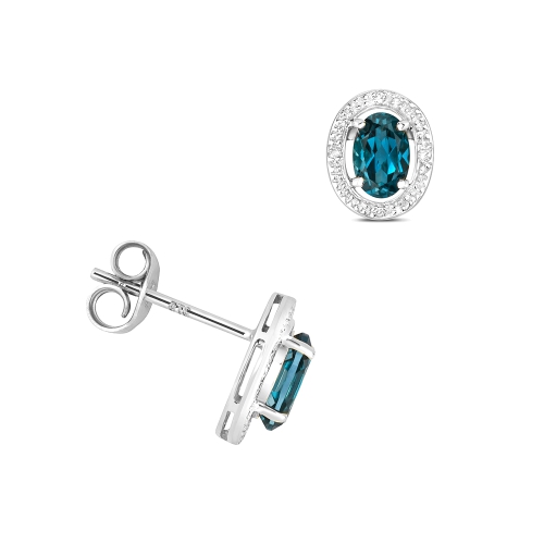 prong setting oval shape blue topaz gemstone and side stone earring