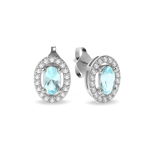 4 Prong Oval Halo Aquamarine Diamond Earrings