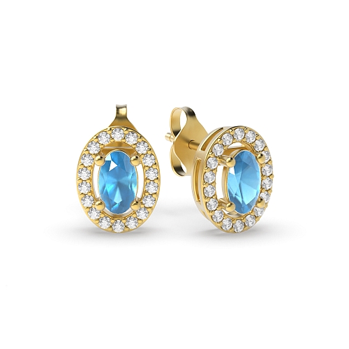 4 Prong Oval Yellow Gold Halo Diamond Earrings