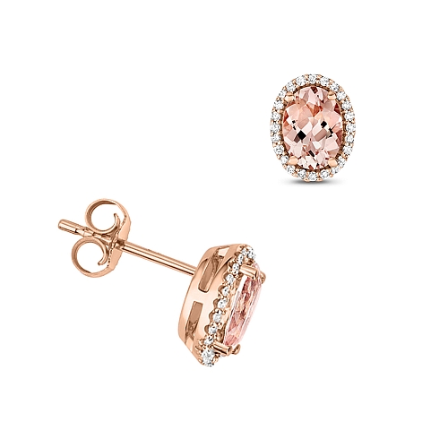 4 Prong Oval Rose Gold 8X6mm Halo diamond and Diamond Earrings