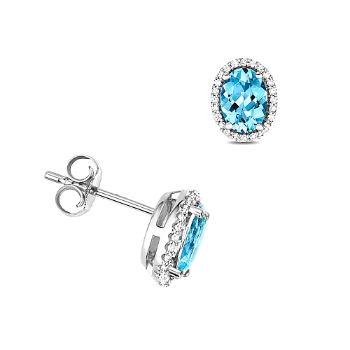 4 Prong Oval 8X6mm Halo diamond and Blue Topaz Diamond Earrings