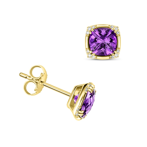 4 Prong Cushion Yellow Gold Square shaped Diamond Earrings