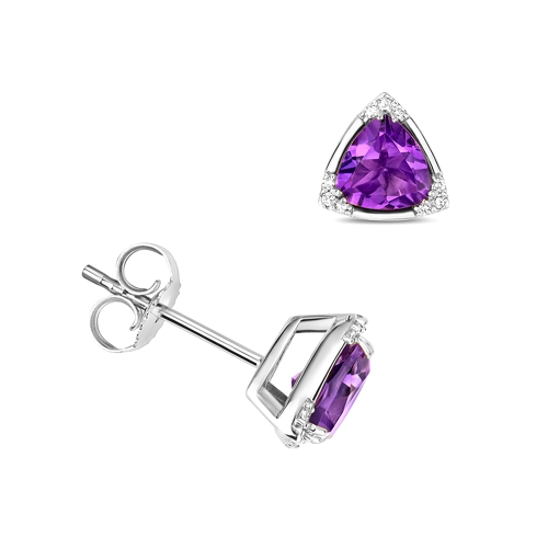 double prong trillion shape amethyst gemstone and side stone earring