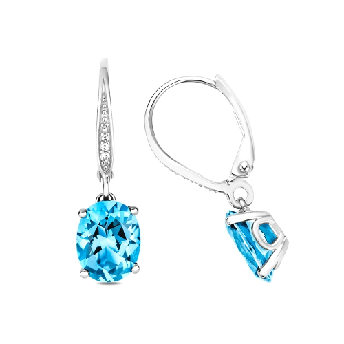 prong setting oval shape blue topaz gemstone and diamond hoop earring