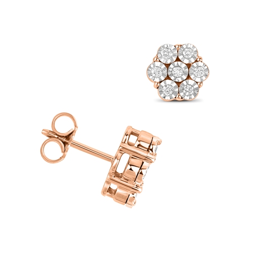 6 Prong Round Rose Gold Illusion plate Stud Diamond Earrings