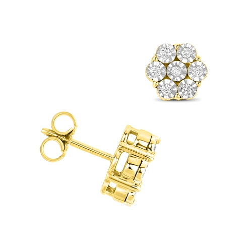 6 Prong Round Yellow Gold Illusion plate Stud Diamond Earrings