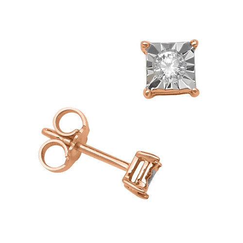 4 Prong Round Rose Gold Illusion plate square Stud Diamond Earrings