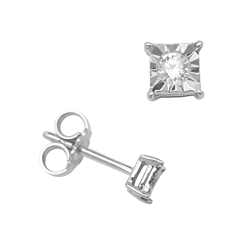 4 Prong Round Illusion plate square Stud Diamond Earrings