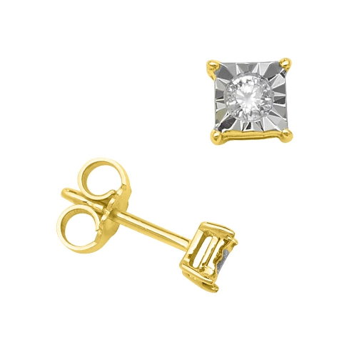 4 Prong Round Yellow Gold Illusion plate square Stud Diamond Earrings