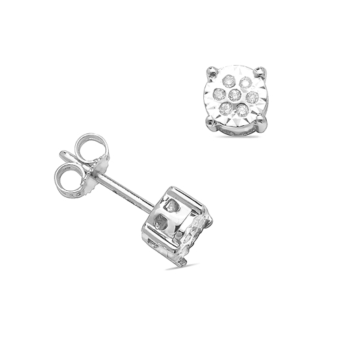 4 Prong Round Silver Button style Stud Diamond Earrings