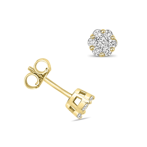 6 Prong Round Yellow Gold Cluster Diamond Earrings