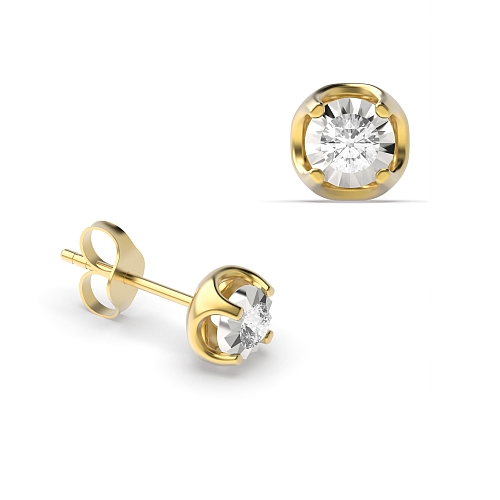 4 Prong Round Yellow Gold Designer illusion plat Stud Diamond Earrings